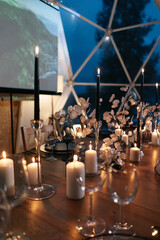 A festive table set for a wedding in a restaurant