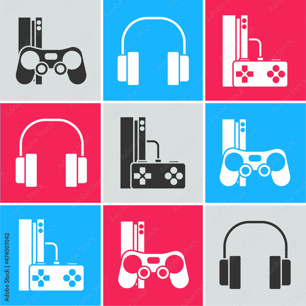 Poster set game console with joystick, headphones and game console with joystick icon. vector