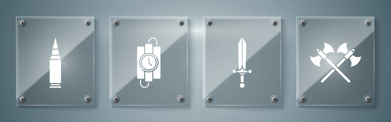 Set Crossed medieval axes, Medieval sword, dynamite stick and timer clock and Bullet. Square glass panels. Vector