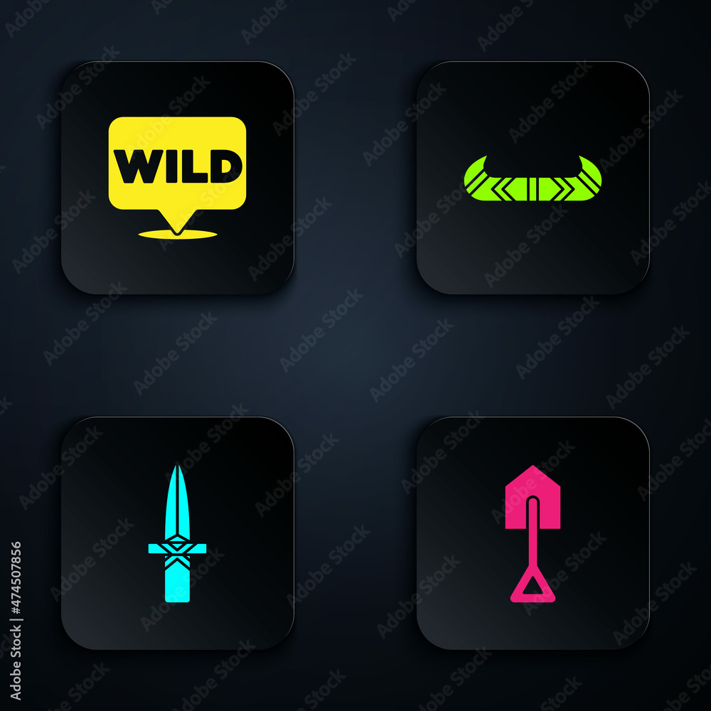 Poster set shovel, pointer to wild west, dagger and kayak or canoe and paddle. black square button. vector