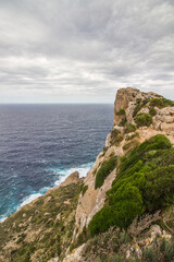 Fototapeta na wymiar Cabo Formentor (Cape Formentor) at Mallorca, Spain, on a cloudy day in October, wild seascape, rough coastline, cliffs