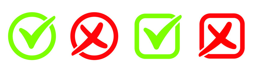 Set of Green Check Mark Icon and Red X cross Tick Symbol