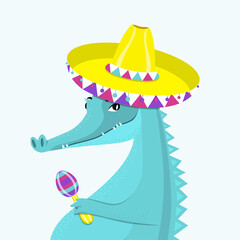 Сute crocodile with mexican hat. flat vector illustration.