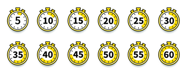 Set of timer and stopwatch icons. Kitchen timer icon with different minutes. Cooking time symbols and labels - obrazy, fototapety, plakaty