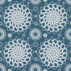 Seamless geometric pattern of mandalas, circles. Beautiful ornament on a blue background, hand-drawn. Retro style. Design of the background, interior, wallpaper, textiles, fabric, packaging.