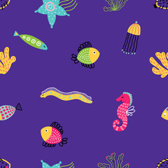 Fototapeta premium Sea vector seamless pattern.Can be used in textile industry, paper, background, scrapbooking.