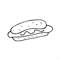The vector of a corn dog hot dog. American traditional cuisine isolated on a white background. Doodle style. Vector image for fast food.