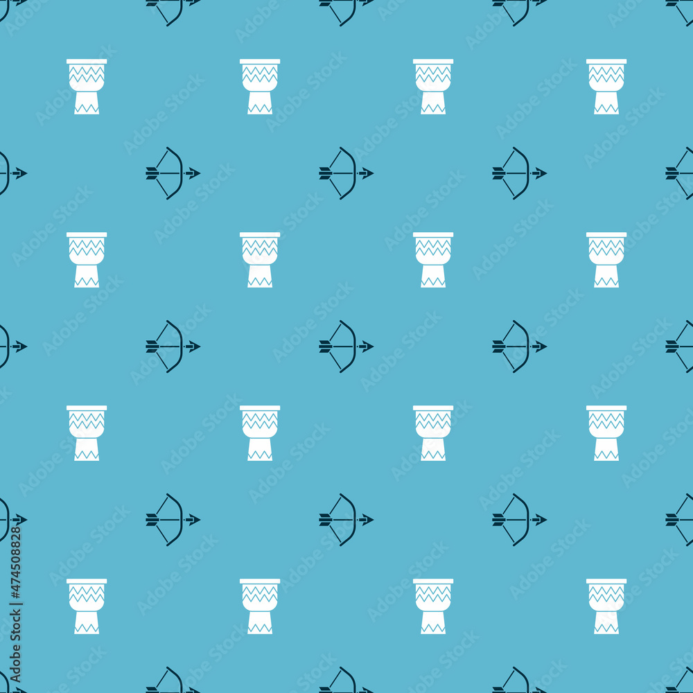 Poster set bow and arrow in quiver and drum on seamless pattern. vector