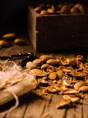 overhead shot of pistachios, almonds, walnuts, chestnuts and hazelnuts and copy space