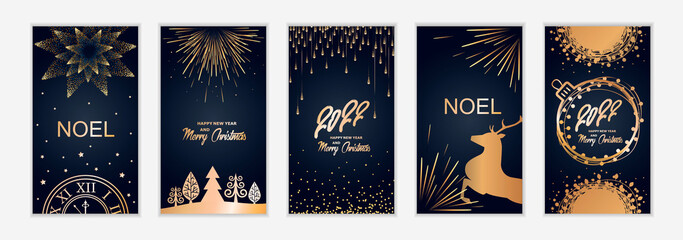 2022 new year. Fireworks, golden garlands, sparkling particles. Set of Christmas sparkling templates for stories, holiday banners, flyers, cards, invitations, covers, posters. Vector illustration