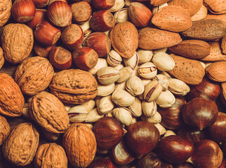 nut, almond, hazelnut, pistachio, walnut, mix, mixed, chestnut, seed, brown, healthy, snack, selection, assorted, variety, various, vegetarian, overhead, flat, group, top, chestnut - food, antioxidant