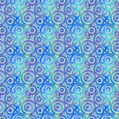 Geometric pattern of multicolored small circles on a blue background. Oriental motifs, ethnic ornament. Textile design, template, background, wallpaper, packaging, textiles, ornament.