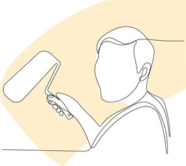 Continuous one line drawing of painter wearing a hat and gloves painting the wall using roller for your design minimal outline. Vector illustration