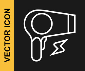 White line Hair dryer icon isolated on black background. Hairdryer sign. Hair drying symbol. Blowing hot air. Vector