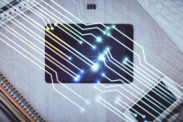 Multi exposure of technology theme drawing over work table desktop. Top view. Global data analysis concept.
