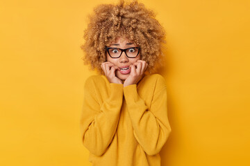 Scared frightened curly haired woman bites lips feels panic being worried about something trembles from fear notices scary thing wears transparent eyeglasses and jumper isolated over yellow background