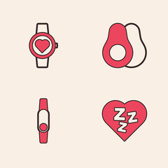 Set Sleepy, Smart watch, Avocado fruit and Smartwatch icon. Vector