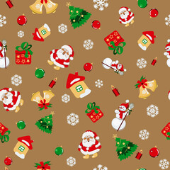 Winter pattern with New Year and Christmas attributes. Vector seamless pattern with the image of Christmas pictures. Santa Claus, Christmas tree, candle, bells and others.