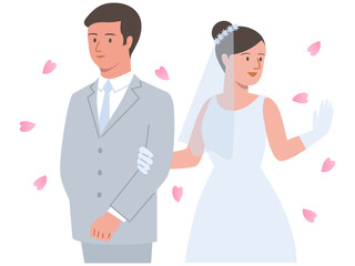 Obraz premium ウェディングドレスと白いタキシードで結婚式で祝福を受けるカップルのベクターイラスト