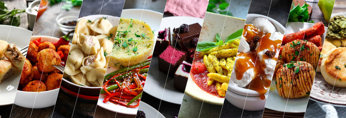 Collage of many popular all over the world breakfasts, lunches and snacks. Collage of different...