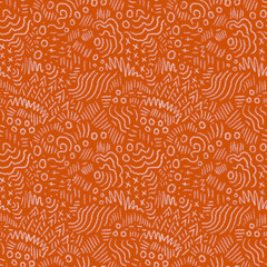 Abstract white hand-drawn pattern on orange background. Fashionable geometric ornament of dashes, strokes, curves, lines, signs. Design of background, template, fabric, textile, wallpaper, packaging.