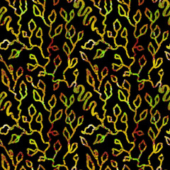 Seamless hand-drawn pattern. Multicolored branches, leaves, convolutions on a black background.
Creative, fashionable, stylish ornament. Background, template, fabric, textile, wallpaper design.