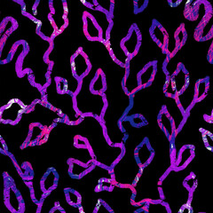 Botanical seamless pattern of purple twigs on a black background. Hand-drawn ornament. Design of fabric, textiles, clothing, wallpaper, wrapping paper, background, cover.