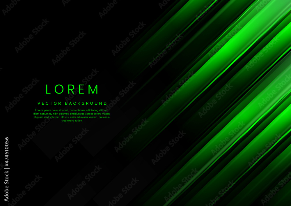 Poster abstract green gradient geometric diagonal overlapping on black background with copy space for text.