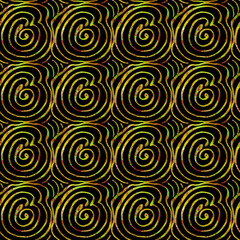 Seamless pattern of yellow sinuous lines and curls on a black background. A hand-drawn ornament. Elegant, stylish, modern design of background, template, wallpaper, fabric, textile.
