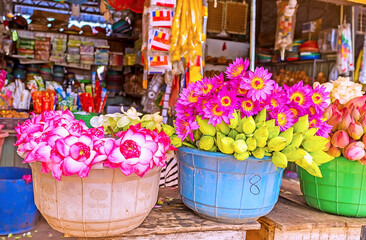 The lotus flowers in market of Great Ruwanwelisaya Stupa complex, Anuradhapura, Sri Lanka