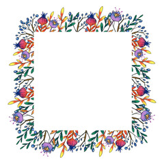 square watercolor frame of flowers, leaves and berries on a white background.