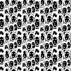 Fototapeta premium Seamless abstract black and white pattern. People's faces, a crowd, a group. A hand-drawn ornament.Fashionable unusual design of background, template, wallpaper, fabric, textile.