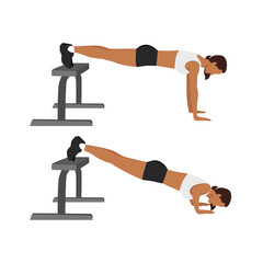 Fototapeta na wymiar Woman doing decline push ups exercise flat vector illustration isolated on white background