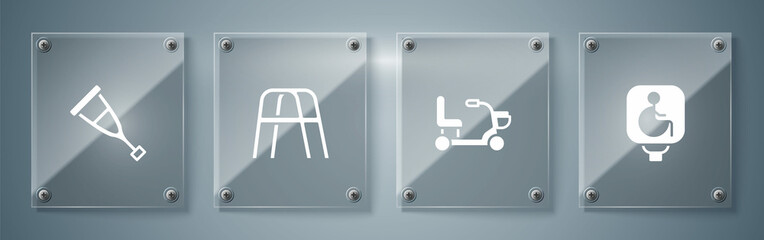 Set Disabled wheelchair, Electric, Walker and Crutch or crutches. Square glass panels. Vector