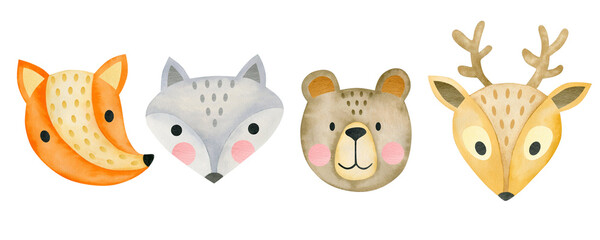 Naklejka premium Watercolor set of faces bear, fox, wolf, deer isolated on white background. Animal. 