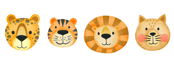 Watercolor set of tiger, leopard, lion, cat faces isolated on white background. Animal. 