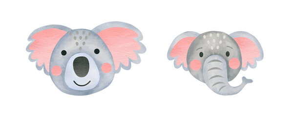 Watercolor set of faces koala, elephant isolated on white background. Animal. 