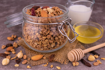 Granola in a jar of milk and honey. The concept of healthy breakfasts.