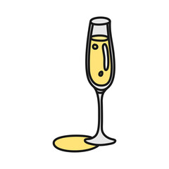 Champagne glass outline icon on white background. Colored cartoon sketch graphic design. Doodle style. Hand drawn image. Party drinks concept. Freehand drawing style