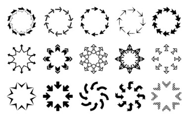 Set of decorative arrow borders. Frames of arrows in a circle. Arrows pointing in and out of the circle. Circle pattern. Vector arrows of different shapes.