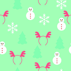 vector seamless new year pattern. flat pattern image with snowman, snowflake, christmas tree, horns on green background