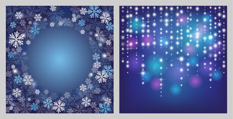 Two winter backgrounds with snowflakes, stars and shiny garlands. Holiday templates. Background for new year greeting card or invitation.
