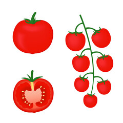 Set of 3d volumetric vector illustrations of ripe red tomatoes isolated on white background. Whole and half tomato, side view, bunch of cherry tomatoes
