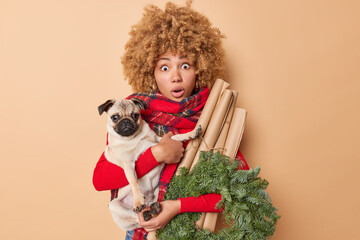 Impressed scared woman holds pedigree dog and Christmas decorations stares bugged eyes at camera...
