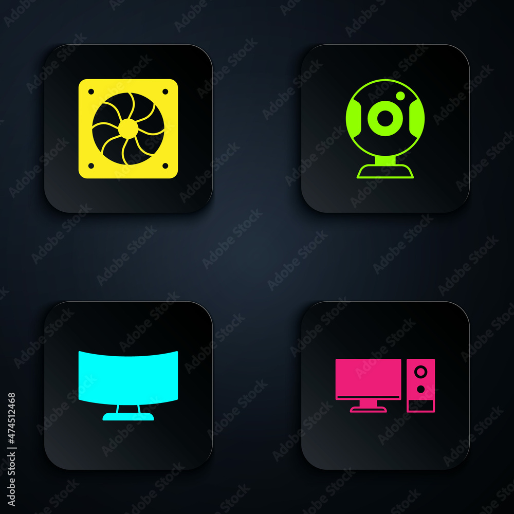 Aufkleber set computer monitor, cooler, screen and web camera. black square button. vector