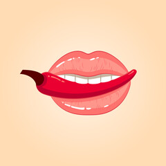 Sexy lips with chili pepper, red hot chili pepper in open mouth, Illustration in the cartoon style