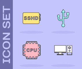 Set Computer monitor, SSHD card, Processor with CPU and USB icon. Vector