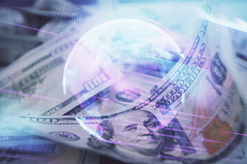 Double exposure of tech theme drawing over usa dollars bill background. Concept of technology.