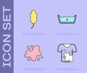 Set Dirty t-shirt, Feather, Water spill and Temperature wash icon. Vector