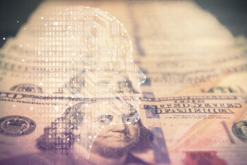Double exposure of brain drawing over us dollars bill background. Technology concept.
